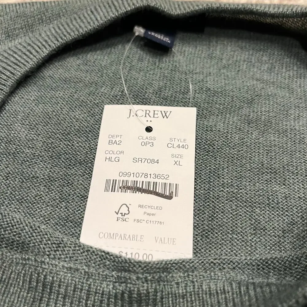 NEW J Crew Merino Wool Blend Crewneck Sweater XL Green Classic Preppy Casual